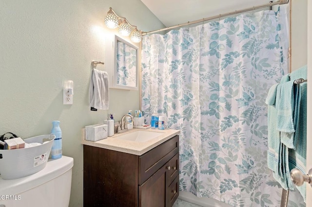 bathroom featuring toilet, vanity, and a shower with shower curtain