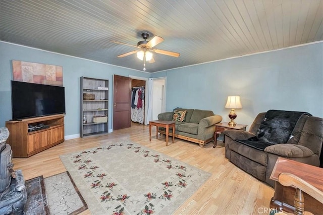 living room featuring ceiling fan, light wood-type flooring, and wood ceiling