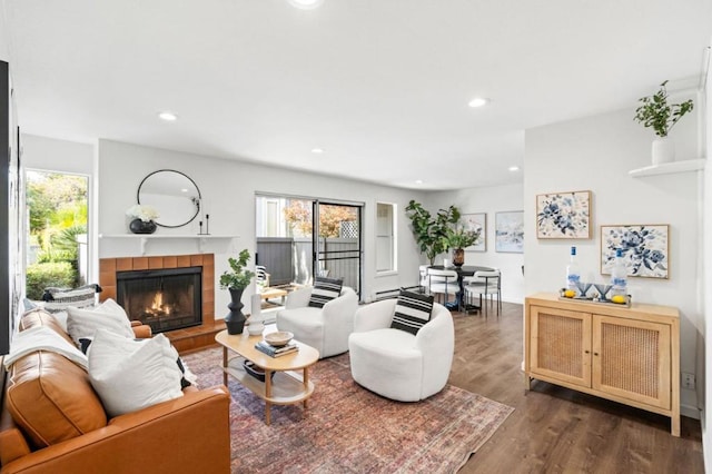 living room featuring dark hardwood / wood-style floors and a tiled fireplace