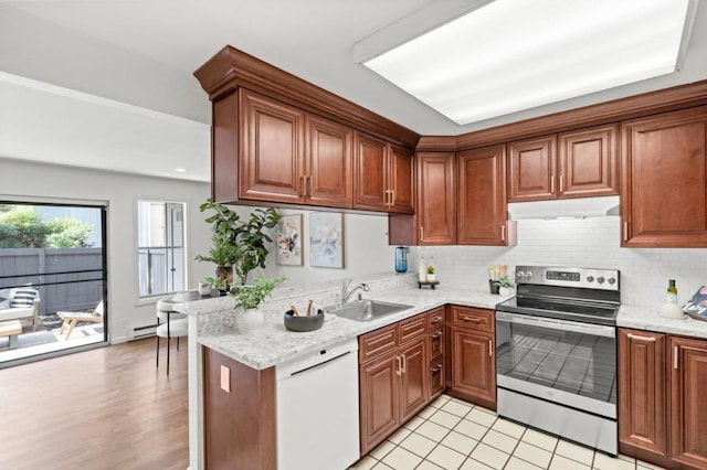 kitchen with sink, backsplash, white dishwasher, stainless steel range with electric cooktop, and kitchen peninsula