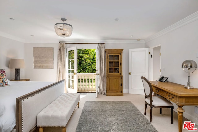 carpeted bedroom featuring crown molding, access to outside, and a notable chandelier