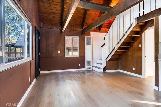 unfurnished living room with hardwood / wood-style flooring, wood walls, wood ceiling, and lofted ceiling with beams