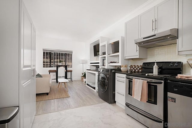 kitchen with white cabinets, decorative backsplash, washer / clothes dryer, and stainless steel appliances