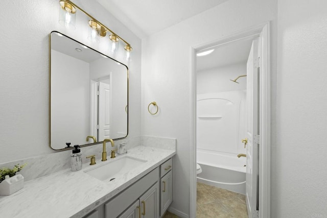 full bathroom featuring toilet, tile patterned floors, tub / shower combination, and vanity