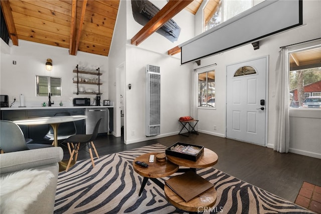 living room featuring dark hardwood / wood-style floors, sink, beamed ceiling, high vaulted ceiling, and wooden ceiling