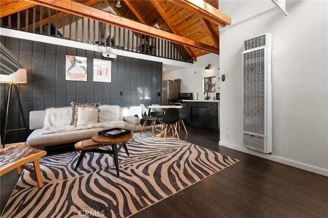 living room with wood ceiling, dark hardwood / wood-style flooring, beamed ceiling, wooden walls, and high vaulted ceiling