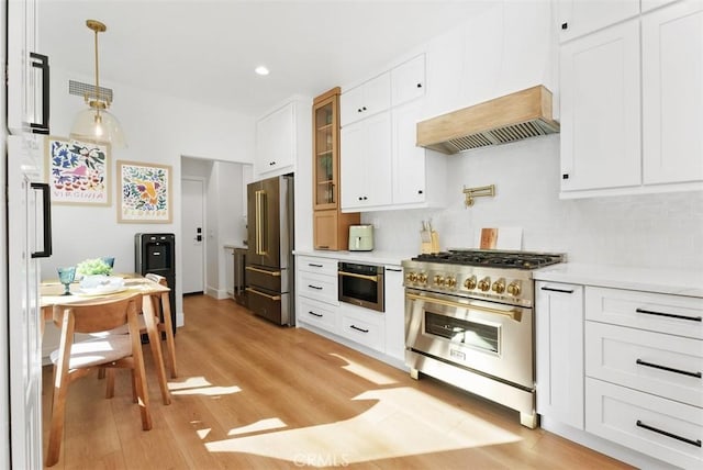 kitchen featuring white cabinets, decorative backsplash, light hardwood / wood-style floors, custom range hood, and high quality appliances