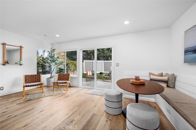 living area featuring light wood-type flooring and breakfast area