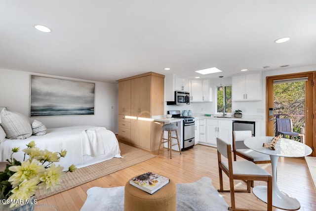 interior space with sink, access to outside, a skylight, and light wood-type flooring