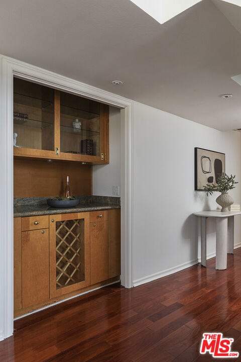 bar with dark wood-type flooring