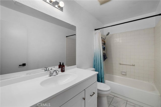 full bathroom with toilet, shower / bath combo, and vanity