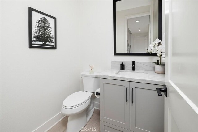 bathroom with toilet, wood-type flooring, and vanity