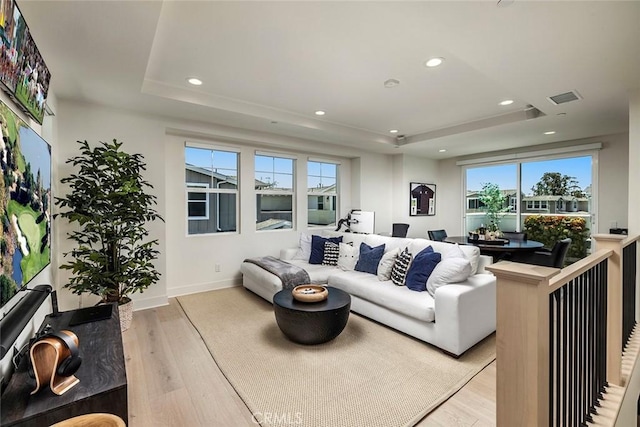 living room featuring light wood-type flooring and a tray ceiling