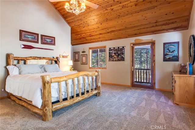 carpeted bedroom featuring access to exterior, wooden ceiling, high vaulted ceiling, and baseboards