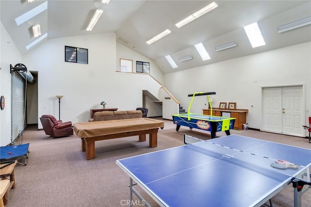 rec room featuring high vaulted ceiling, pool table, and light colored carpet