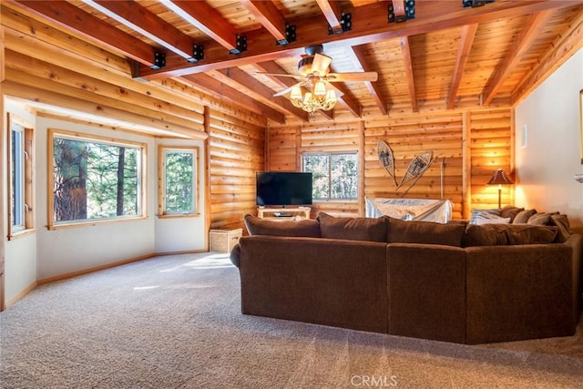 living room with beamed ceiling, wooden ceiling, carpet floors, and log walls