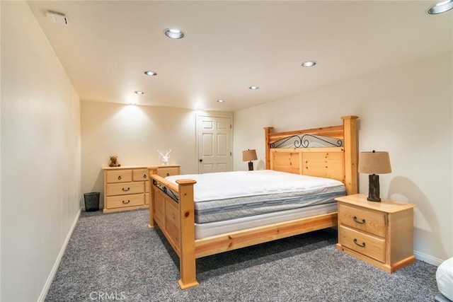 bedroom featuring recessed lighting, dark carpet, visible vents, and baseboards