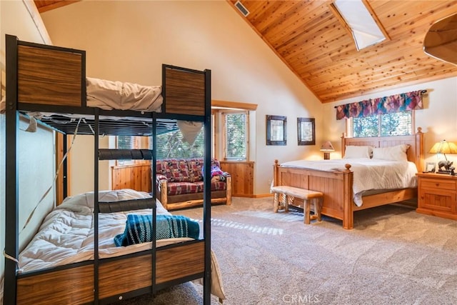 bedroom featuring wood ceiling, carpet flooring, and high vaulted ceiling