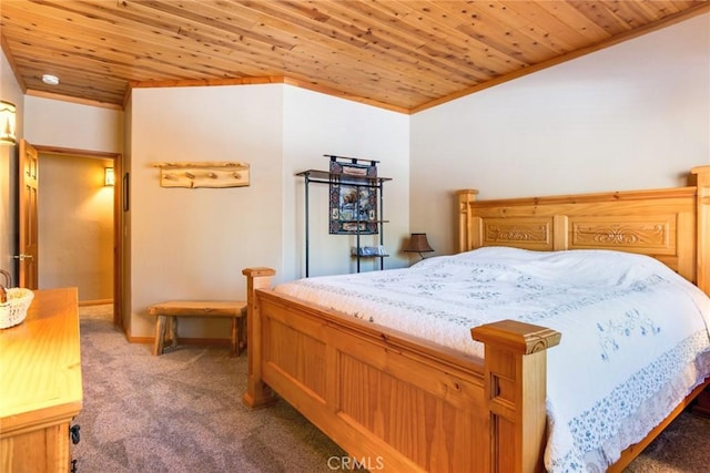 bedroom with crown molding, wooden ceiling, and carpet flooring