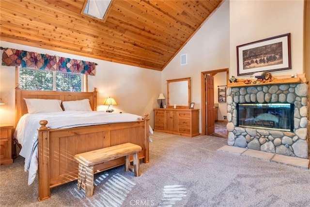 bedroom featuring high vaulted ceiling, carpet flooring, wooden ceiling, and a fireplace