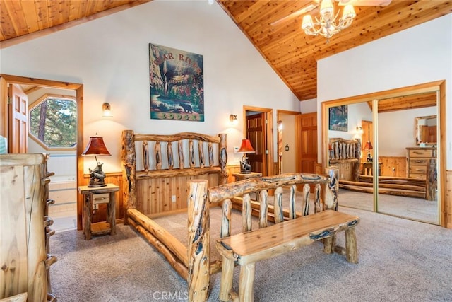 bedroom with carpet flooring, wooden ceiling, and wood walls