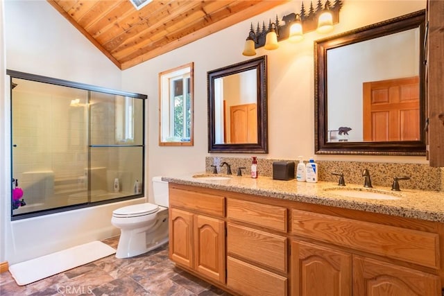 full bathroom featuring double vanity, wood ceiling, enclosed tub / shower combo, vaulted ceiling, and a sink