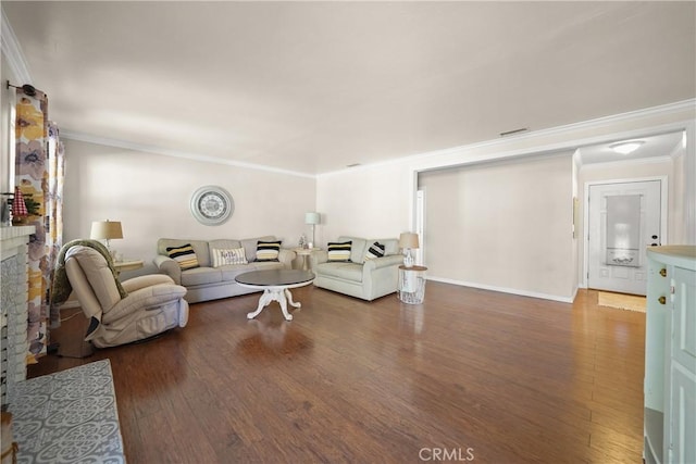 living room featuring ornamental molding and dark wood-type flooring