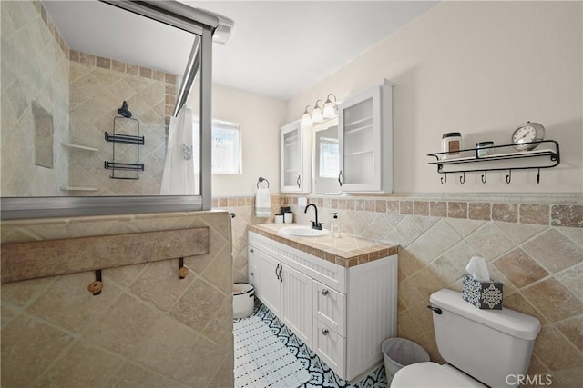 bathroom with vanity, tile walls, and toilet