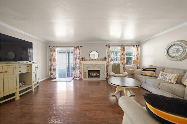 living room with ornamental molding, dark wood-type flooring, and a wealth of natural light