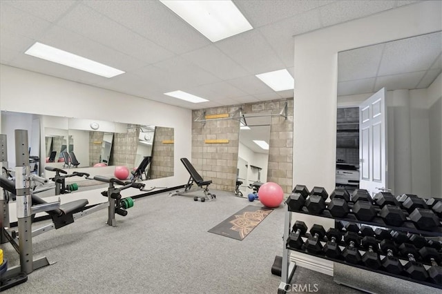 exercise room featuring carpet and a drop ceiling