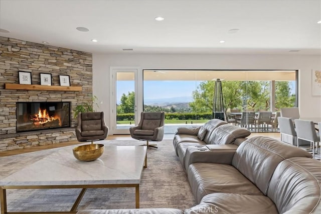 living room featuring a stone fireplace