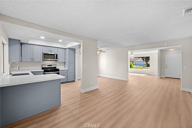 kitchen with kitchen peninsula, ceiling fan, appliances with stainless steel finishes, gray cabinetry, and sink