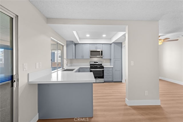 kitchen with light hardwood / wood-style floors, kitchen peninsula, gray cabinets, stainless steel appliances, and sink