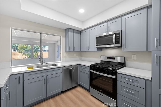 kitchen with light hardwood / wood-style floors, sink, gray cabinets, and stainless steel appliances