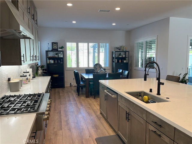 kitchen featuring tasteful backsplash, visible vents, stainless steel appliances, under cabinet range hood, and a sink