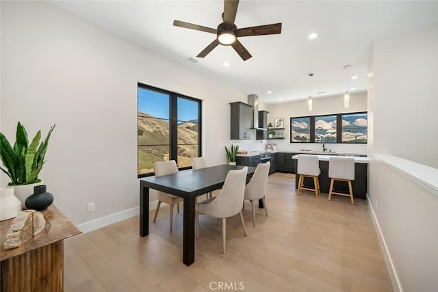 dining space featuring ceiling fan and light wood-type flooring