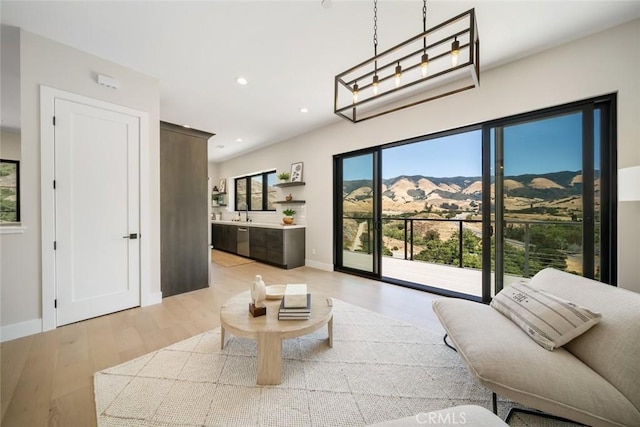 living room with a mountain view and light hardwood / wood-style flooring