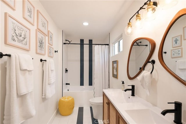 full bathroom with tile patterned flooring, vanity, shower / tub combo with curtain, and toilet