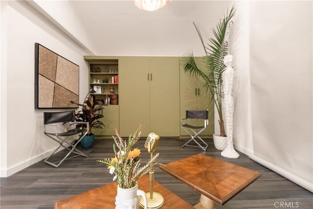 living area featuring lofted ceiling and dark hardwood / wood-style flooring