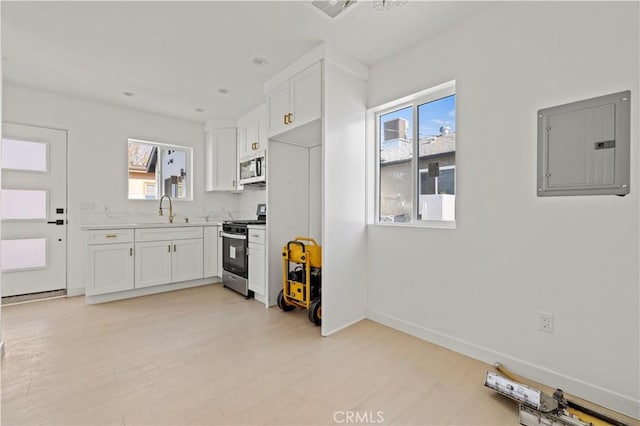 kitchen featuring white cabinets, appliances with stainless steel finishes, sink, and electric panel