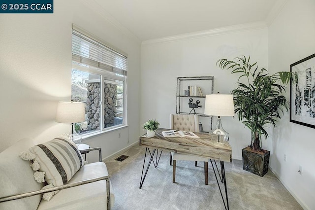 office featuring light carpet and ornamental molding