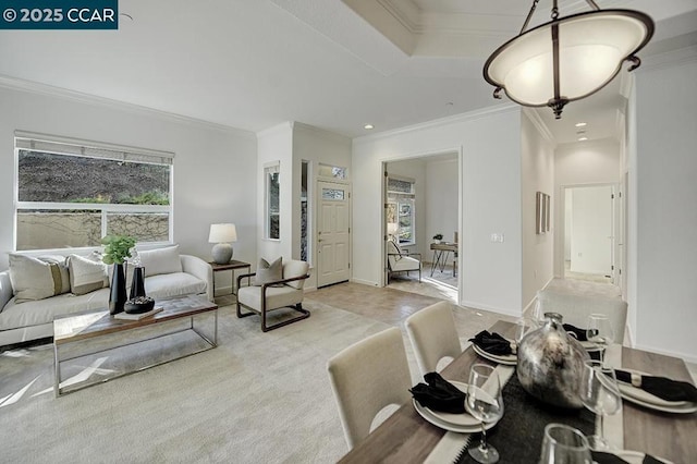 carpeted living room featuring crown molding