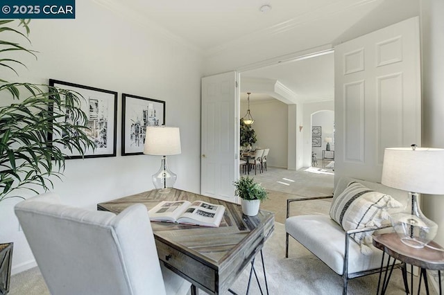 living room featuring crown molding