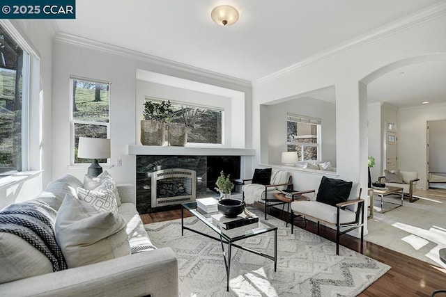 living room with ornamental molding, heating unit, a high end fireplace, and hardwood / wood-style floors