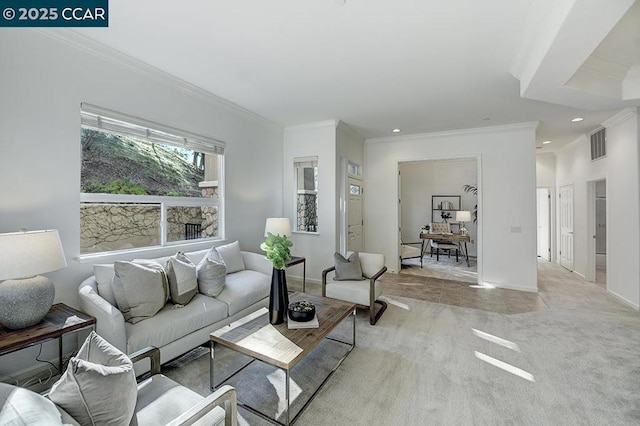 carpeted living room with ornamental molding