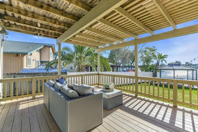 wooden deck with a gazebo, a yard, and an outdoor living space