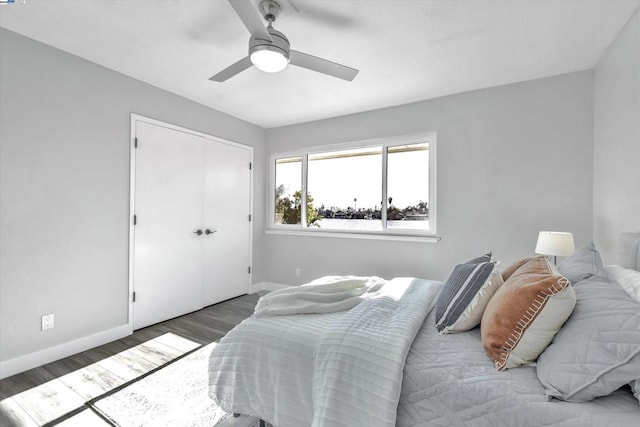 bedroom with ceiling fan, a closet, and dark hardwood / wood-style floors