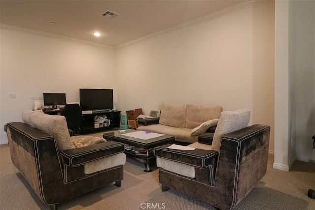 living room with light colored carpet and crown molding