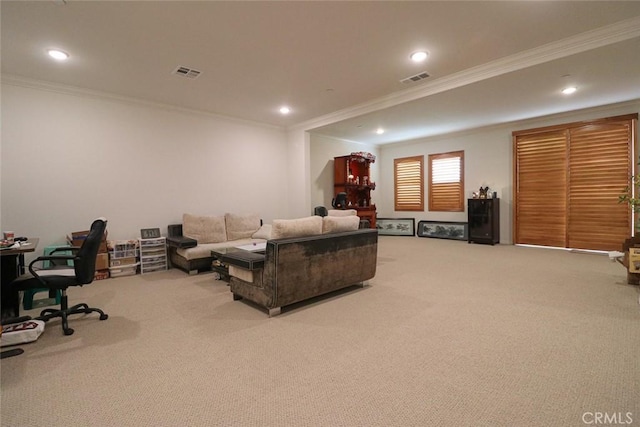 carpeted living room with ornamental molding