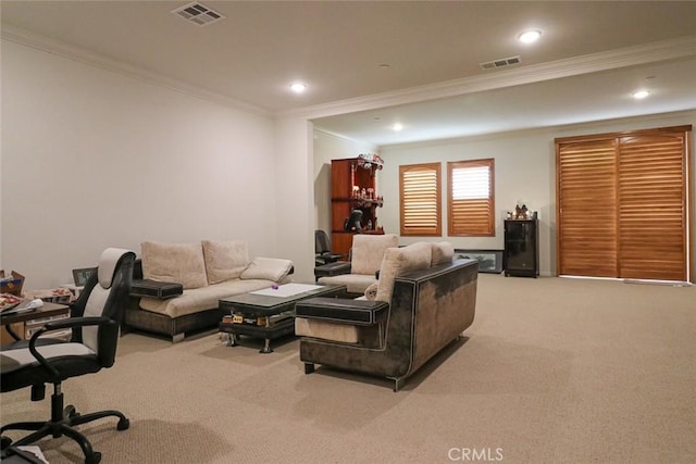 living room featuring ornamental molding and light colored carpet